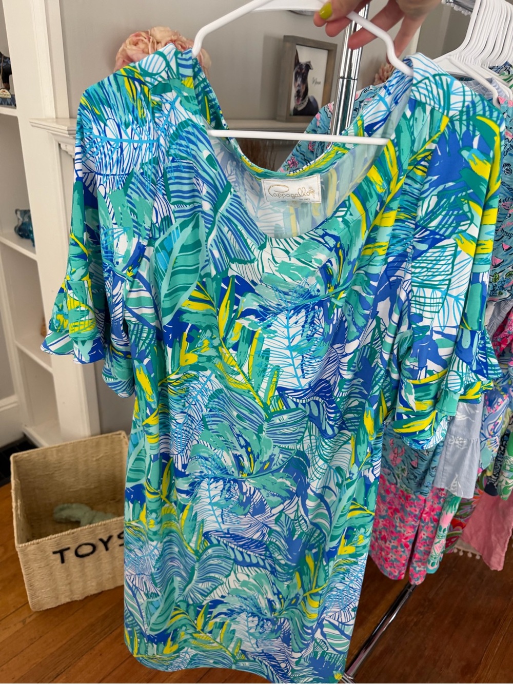 Pappagallo Tropical Leaf Print Dress in Aqua, Teal & Yellow